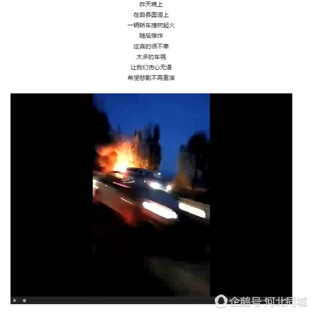 河北一轿车撞树后起火 烧成车架